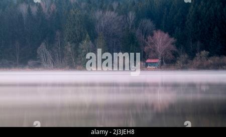 Piccola capanna all'alba di fronte alla foresta a Niedersonthofener See, Allgäu, Baviera, Germania Foto Stock