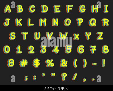 Effetto font colorato. Set di lettere maiuscole e numeri. Carattere di illustrazione vettoriale. Illustrazione Vettoriale