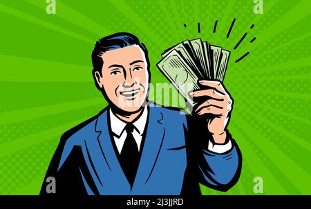 Uomo d'affari in seme si leva con soldi di cassa del dollaro che mostrano. Buon dipendente che riceve stipendio Illustrazione Vettoriale