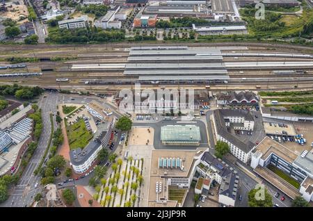 Vista aerea, centro città con Platz der Deutschen Einheit e Hamm Westf. Stazione centrale a Mitte, Hamm, zona della Ruhr, Renania settentrionale-Vestfalia, Germania, Foto Stock