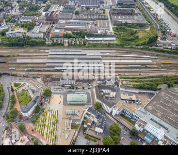 Vista aerea, centro città con Platz der Deutschen Einheit e Hamm Westf. Stazione centrale a Mitte, Hamm, zona della Ruhr, Renania settentrionale-Vestfalia, Germania, Foto Stock
