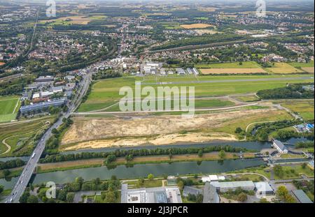 Lauftbild, Baustelle Projekt Erlebensraum Lippeaue am Fluss Lippe und Datteln-Hamm-Kanal und Verlauf des Hochwasserdeiches zwischen der MÃƒÆ Ã‚Â¼nsters Foto Stock