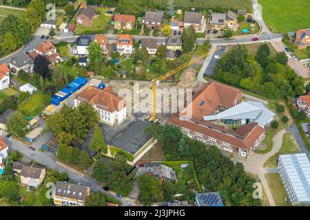 Vista aerea, cantiere con estensione della Falkschule / Arnold-Freymuth-Gesamtschule a Herringen, Hamm, zona della Ruhr, Renania settentrionale-Vestfalia, Foto Stock