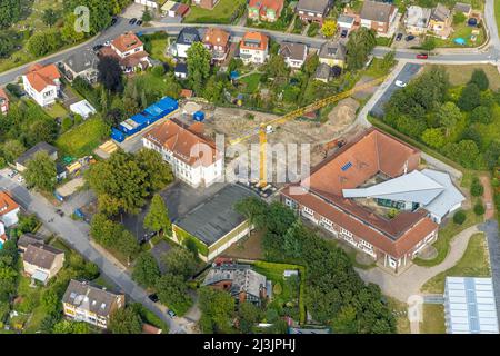 Vista aerea, cantiere con estensione della Falkschule / Arnold-Freymuth-Gesamtschule a Herringen, Hamm, zona della Ruhr, Renania settentrionale-Vestfalia, Foto Stock