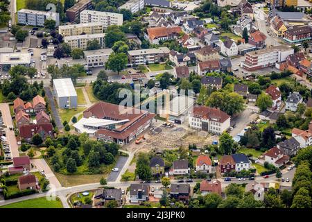 Vista aerea, cantiere con estensione della Falkschule / Arnold-Freymuth Scuola completa a Herringen, Hamm, Ruhr zona, Nord Reno-Ovest Foto Stock