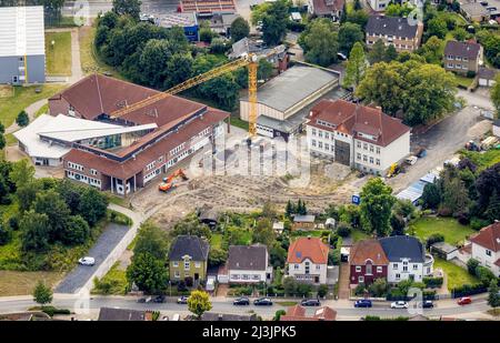 Vista aerea, cantiere con estensione della Falkschule / Arnold-Freymuth Scuola completa a Herringen, Hamm, Ruhr zona, Nord Reno-Ovest Foto Stock