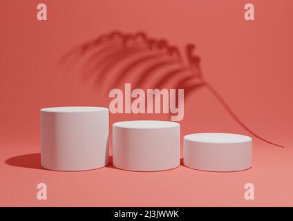 Luminoso, neon, rosa salmone, 3D rendering di un semplice, minimal prodotto display composizione sfondo con tre podi o stand e palme ombre in t Foto Stock