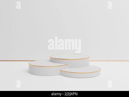 Bianco, grigio chiaro, nero e bianco 3D rendering semplice display del prodotto con tre podi o supporto con linea dorata minimo composizione di sfondo per Foto Stock