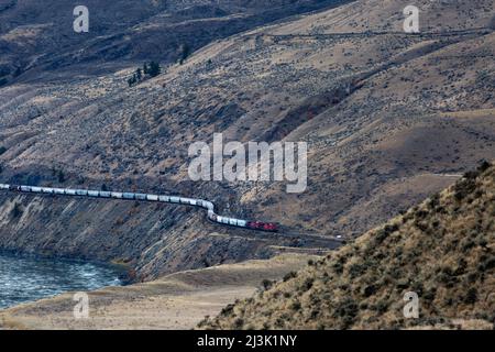 Treno che viaggia lungo un lago in una regione montuosa della British Columbia, Canada, visto dall'autostrada 1; British Columbia, Canada Foto Stock