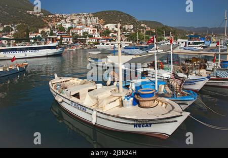 Porto affollato con barche ormeggiate e case sulla collina del Mediterraneo a Kas, Turchia; Kas, provincia di Antalya, Turchia Foto Stock