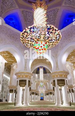 Guardando nella sala di preghiera principale della Grande Moschea di Abu Dhabi, Emirati Arabi Uniti, con i suoi lampadari di cristallo Swarovski. È anche l'auto più grande del mondo... Foto Stock