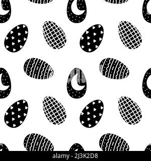 Bianco nero uova di Pasqua senza cuciture su sfondo bianco. Stampa infinita di Easter Elements Illustrazione Vettoriale
