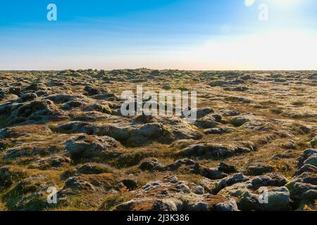 Laut den isländischen Legenden leben die verborgenen Menschen in diesen Steinen, den Elfen, Trollen und Feen Foto Stock