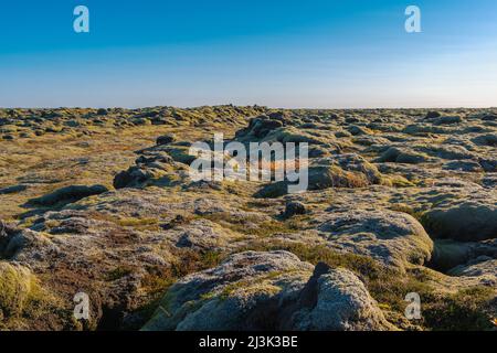 Laut den isländischen Legenden leben die verborgenen Menschen in diesen Steinen, den Elfen, Trollen und Feen Foto Stock