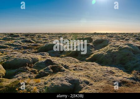 Laut den isländischen Legenden leben die verborgenen Menschen in diesen Steinen, den Elfen, Trollen und Feen Foto Stock