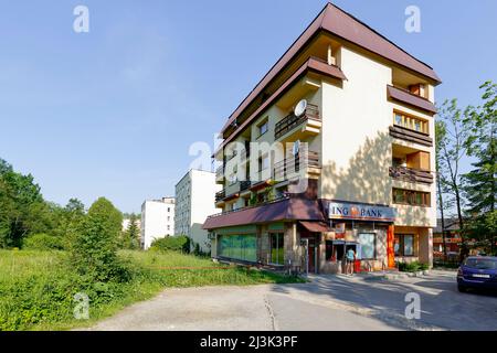 Zakopane, Polonia - 12 giugno 2015: Proprietà immobiliare in via Piasecki, complesso di edifici residenziali, stile architettonico per la città e il Foto Stock