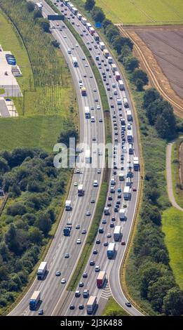 Foto aerea, volume del traffico sull'autostrada A1 a Südkamen, ingorgo di autocarri, Kamen, zona della Ruhr, Renania settentrionale-Vestfalia, Germania, Autostrada, DE, Europa Foto Stock