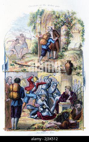 Diverse scene del progresso di Pilgrim di John Bunyan, che mostra Christian guardando l'uomo Valiante combattere i suoi nemici, Cristiano alla porta del wicket, da una pubblicazione del 19th secolo Foto Stock