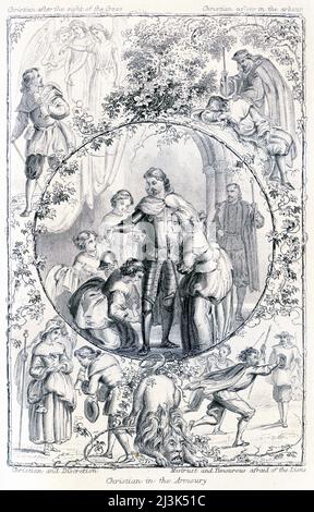 Varie scene del progresso di Pilgrim da parte di John Bunyan, mostrando Cristiano dopo la vista del Gross, Cristiano addormentato nell'arbour, e Cristiano all'Armeria, da una pubblicazione del 19th secolo Foto Stock