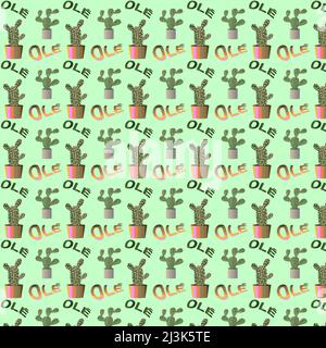 Motivo senza cuciture con cactus e sombrero di colore verde e rosa Illustrazione Vettoriale