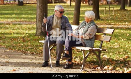 Persone sposate caucasiche anziane si siedono sulla panchina guardando l'un l'altro e sorridendo in un parco uomo cieco handicappato con occhiali e un bastone cieco persone supporto emotivo riabilitazione full shot selettivo fuoco sfondo parco . Foto di alta qualità Foto Stock