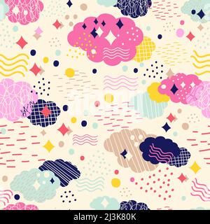 Nuvole, puntini ed elementi astratti modello moderno senza giunture in stile minimalistico. Sfondo vettoriale in colori trendy. Per social media, schede e poster Illustrazione Vettoriale
