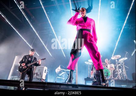 Manchester, Regno Unito. 8th aprile 2021. Skin, Cass, Ace e Mark Richardson della band Skunk Anansie suonano al Manchester Victoria Warehouse . 2022-04-08. Credit: Gary Mather/Alamy Live News Foto Stock