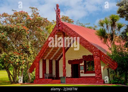 Te Whare Runanga (Maori Meeting House), Waitangi Treaty Grounds, Isola del nord, Paihia, Nuova Zelanda. Foto Stock