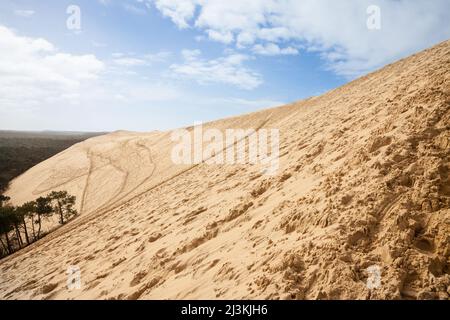 Foto del panorama della duna Pyla Sand durante un pomeriggio di pioggia nuvolosa. La Duna di Pilat (Dune du Pilat in francese, o Pyla) è la san più alta Foto Stock