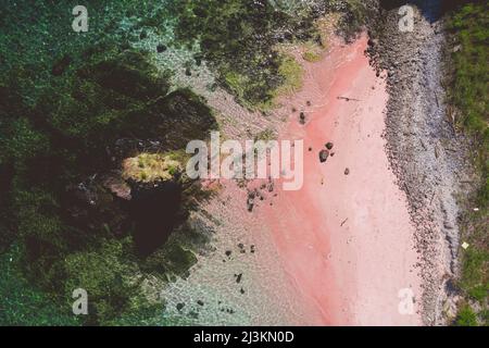 Vista direttamente sopra una spiaggia di sabbia rosa lungo la riva dell'Isola di Padar nel Parco Nazionale di Komodo Foto Stock