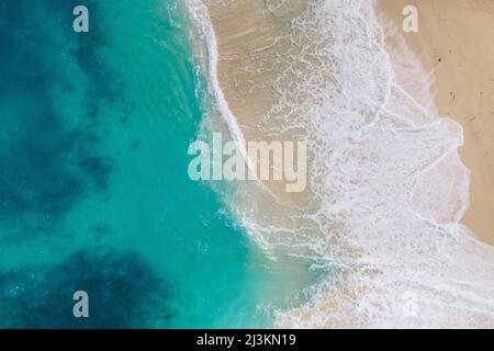 Ammira le acque turchesi e naviga lungo una spiaggia sabbiosa sull'isola di Nusa Lembongan, appena al largo della costa di Bali Foto Stock