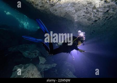 Subacqueo esplorando una grotta subacquea con una luce; Tulum, Quintana Roo, Messico Foto Stock