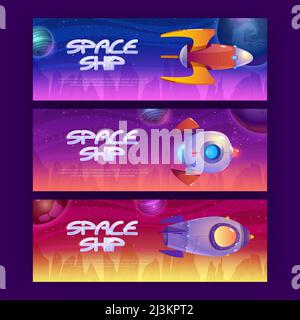 Banner cartoni animati per navi spaziali con razzi che volano nel cosmo con pianeti e stelle alieni. Volantini di design grafico con navette fantasy, cosm di giochi per computer Illustrazione Vettoriale