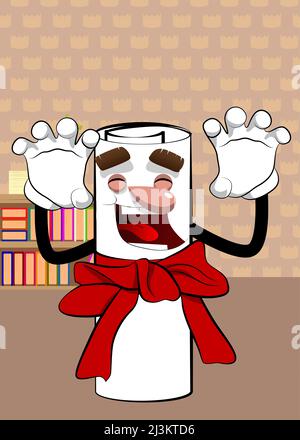 Carta arrotolata con nastro rosso come diploma sta cercando di spaventare voi. Personaggio cartoon. Illustrazione Vettoriale