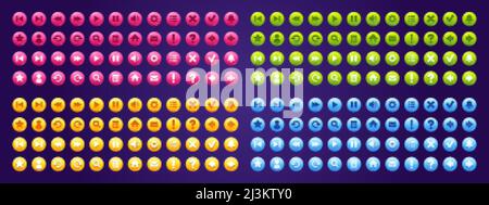 Set di pulsanti per l'interfaccia di gioco o app, elementi di progettazione dell'interfaccia utente del menu. Tasti utente freccia, ingranaggio, pausa e campana di notifica, riproduzione, zoom, impostazioni, messaggio Illustrazione Vettoriale