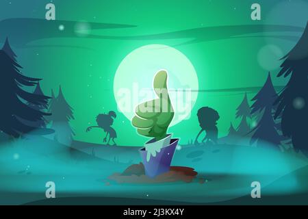 Illustrazione di Halloween creepy con la mano dello zombie che mostra il pollice su fuori da terra. Vettore cartoon horror illustrazione di zombi apocalisse con notte lan Illustrazione Vettoriale