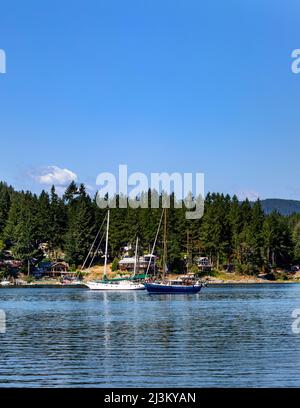 Barche a vela al largo del Madeira Park a Pender Harbour lungo la Sunshine Coast di BC, Canada; British Columbia, Canada Foto Stock