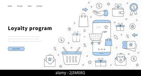 Banner programma fedeltà con scatole regalo, telefono cellulare, carrello, carta sconto e stelle. Pagina di destinazione vettoriale del premio cliente, esclusiva Illustrazione Vettoriale