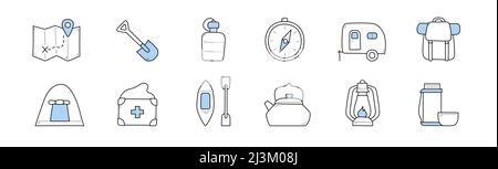 Set di icone di camping ed escursioni a piedi. Mappa con percorso, vanga, bussola, rimorchio, zaino o tenda. Kit di pronto soccorso, kayak con pagaia, bollitore, lanterna, Illustrazione Vettoriale