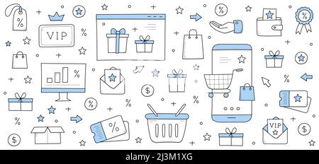 Il programma fedeltà premia il concetto di doodle. Smartphone con carrello acquisti sullo schermo. Applicazione mobile per clienti vip, confezione regalo, mano, segno di percentuale, Illustrazione Vettoriale