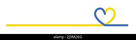 Love Ukraine line art ribbon. Cuore vettoriale blu e giallo per piè di pagina, colori della bandiera Ucraina Illustrazione Vettoriale