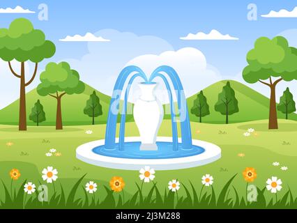 Bellissimo giardino Cartoon sfondo Illustrazione con Un paesaggio natura di pianta, fiori, albero e erba verde in stile Flat Design Illustrazione Vettoriale