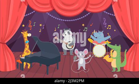 Personaggi di musicisti di animali sul palco del teatro. Giraffe, rinoceronte, coccodrillo e panda suonano pianoforte, batteria e sassofono Illustrazione Vettoriale