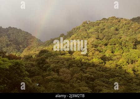 Nuvole e un arcobaleno sulla foresta pluviale di Monteverde; Riserva della Foresta nuvolosa di Monteverde, Costa Rica. Foto Stock