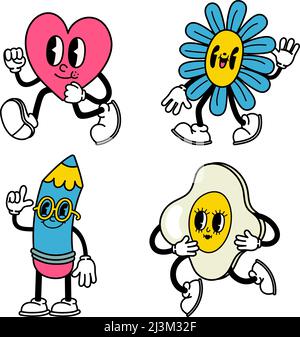 Fumetto astratto alla moda. Cuore comico, fiore, matita e uovo con espressione facciale allegra, braccia e gambe Illustrazione Vettoriale