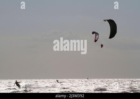 Un padre e un figlio si kite bordo insieme sul Pamlico Sound.; Nags Head, North Carolina. Foto Stock