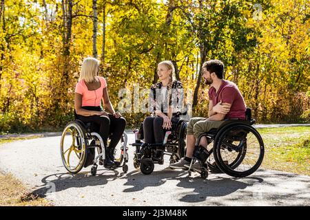 Gruppo di tre giovani paraplegici in carrozzina che visitano insieme in un parco in una bella giornata autunnale; Edmonton, Alberta, Canada Foto Stock