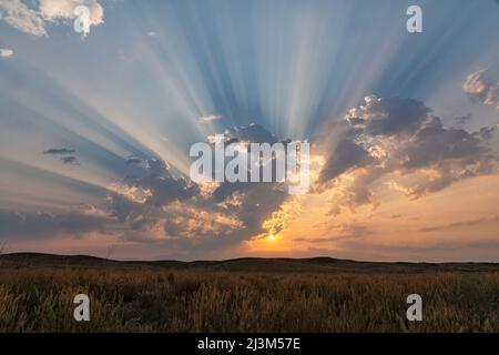 Raggi corpuscolari durante l'alba sulle praterie di Saskatchewan; Saskatchewan, Canada Foto Stock