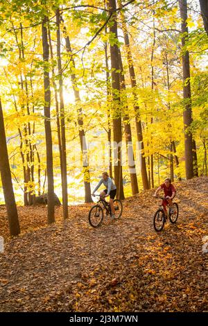 Un ragazzo e sua madre cavalcano le bici attraverso il brillante fogliame autunnale vicino al fiume Potomac; Potomac, Maryland. Foto Stock