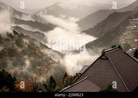 Nebbia sulla Valle Iya del Giappone sull'isola di Shikoku. La Valle di Iya è una remota valle montagnosa nella prefettura occidentale di Tokushima. Situato in profondità ... Foto Stock